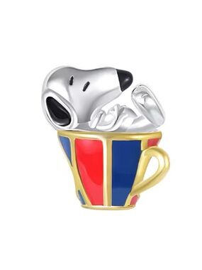Snoopy in Teacup Charm - Silver Tone with Red & Blue Enamel